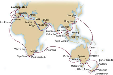 Cunard QM2 World Cruise 2013 itinerary Map