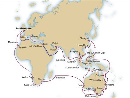 QM2 Cunard Queen Mary 2 World Cruise 2014 itinerary map