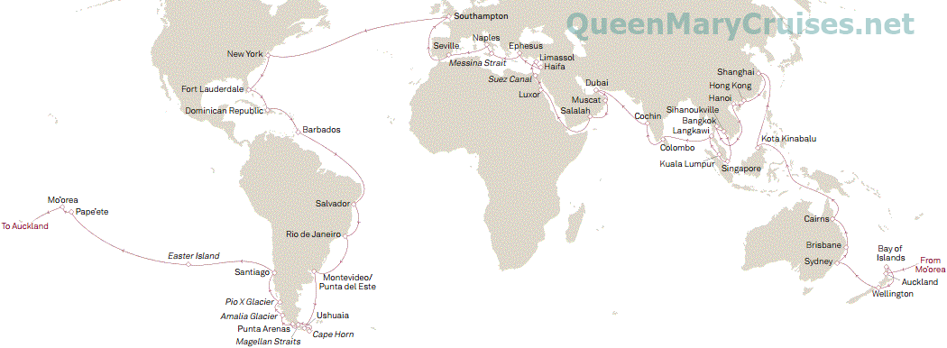 Cunard Queen Mary 2 World Cruise 2016 itinerary map