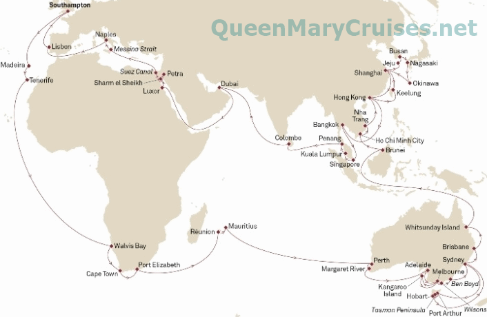 Cunard Queen Mary 2 World Cruise 2017 itinerary map
