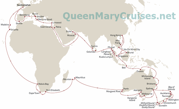 Cunard Queen Mary 2 World Cruise 2018 itinerary map