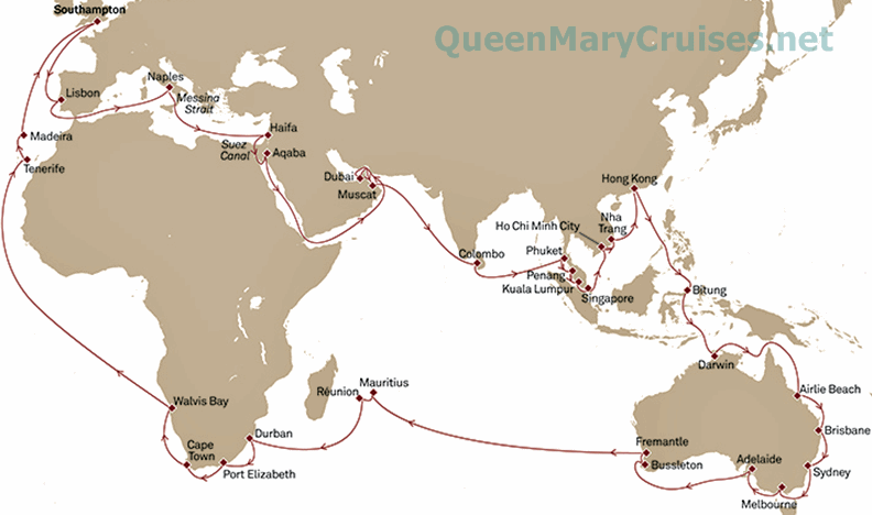 cunard queen mary 2 world cruise 2020 itinerary map