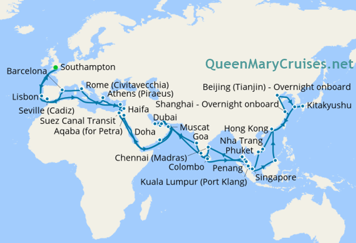 Cunard Queen Mary 2 World Cruise 2019 itinerary map