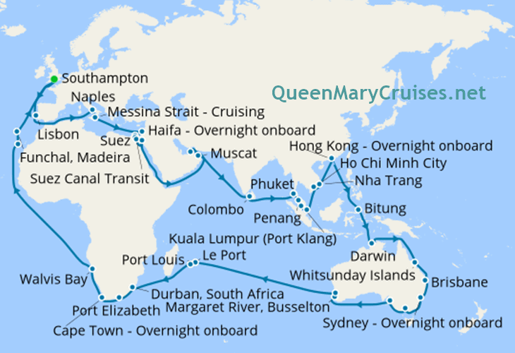 Cunard Queen Mary 2 World Cruise 2020 itinerary map