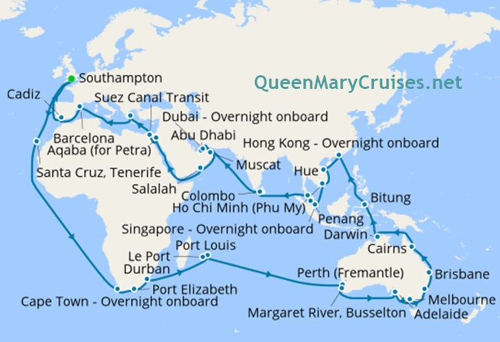 Cunard Queen Mary 2 World Cruise 2021 itinerary map